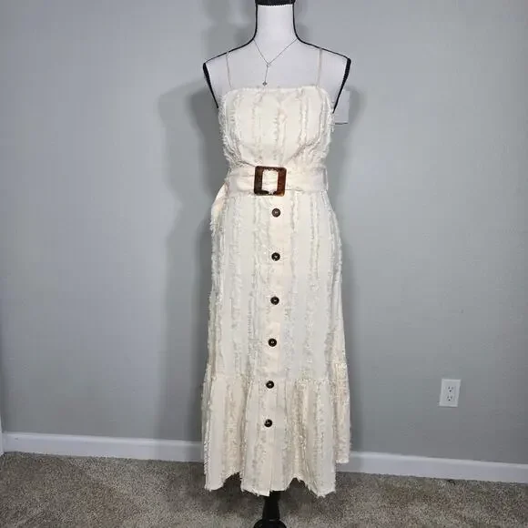 Moon River Cream Fringe Midi Dress XS Belted Button Front Coquette Bridal Resort - Picture 3 of 12